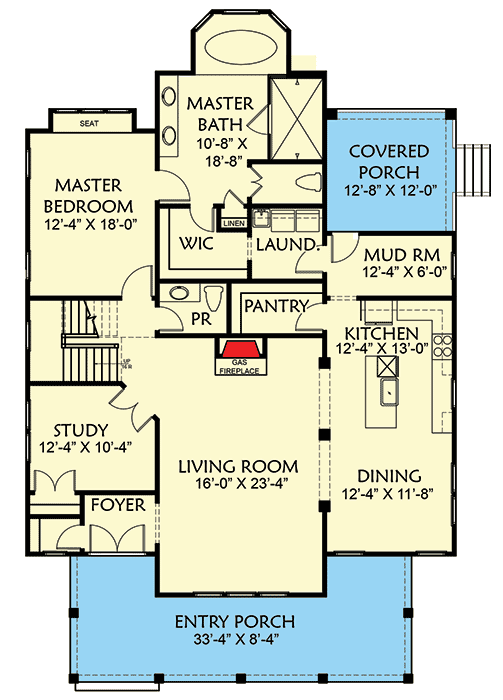 Plan 500027VV: 4-Bed Farmhouse with Main Floor Work-from-home Space and Upstairs Playroom - Floor Plan - Main Level - Cottage, Country, Farmhouse, Modern Farmhouse, Southern, Traditional