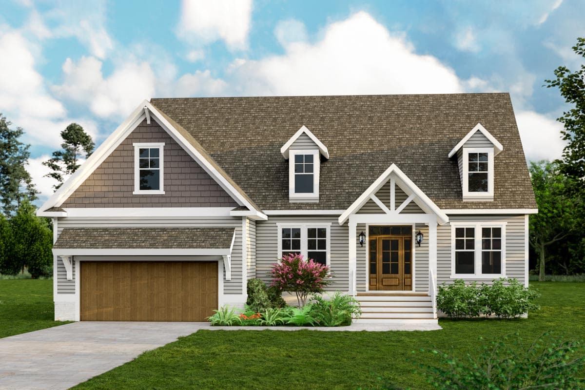House plan exterior. Two-story with Craftsman style. Features include a front-facing gable, dormers, and a covered entry porch.