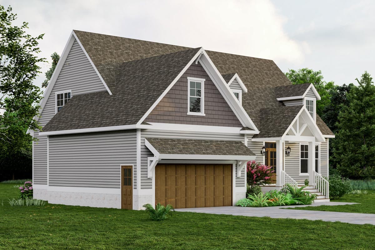 House plan exterior: Two-story home with gabled dormers, covered front porch with decorative supports, and attached two-car garage.