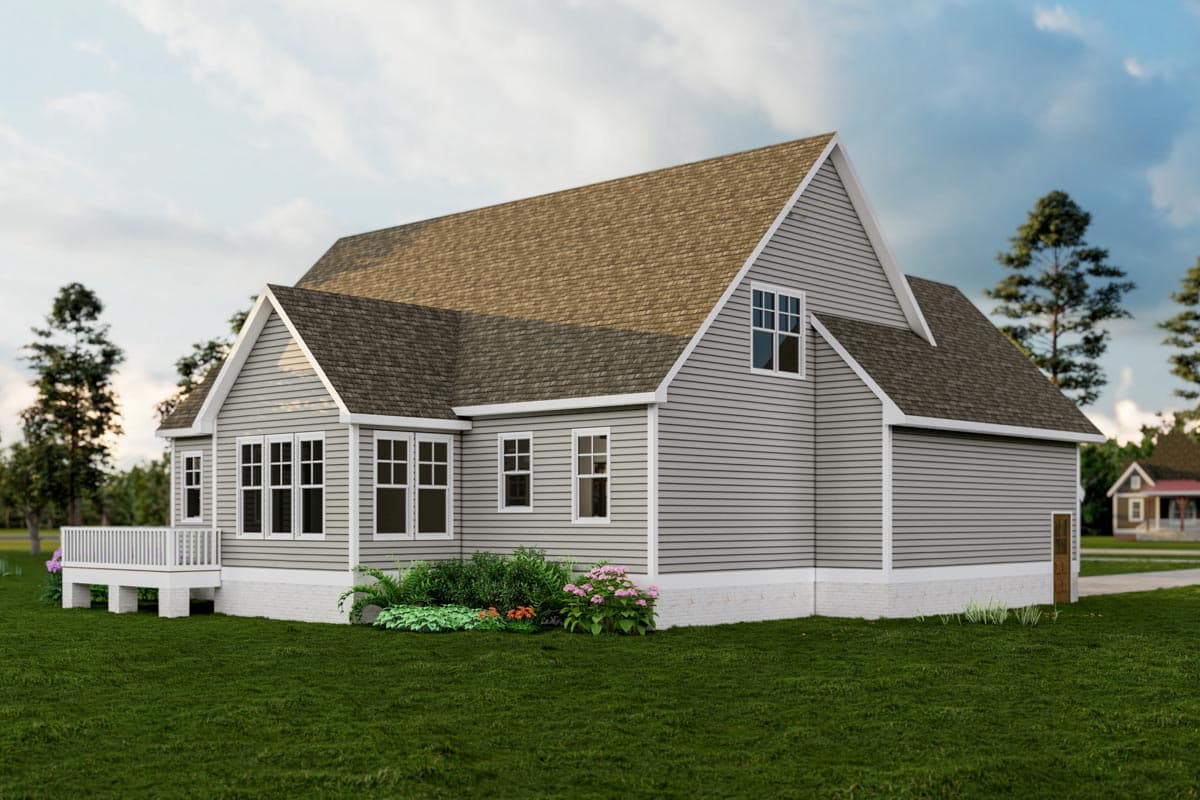 House plan exterior with horizontal siding, gable roof, multiple windows, and a deck.