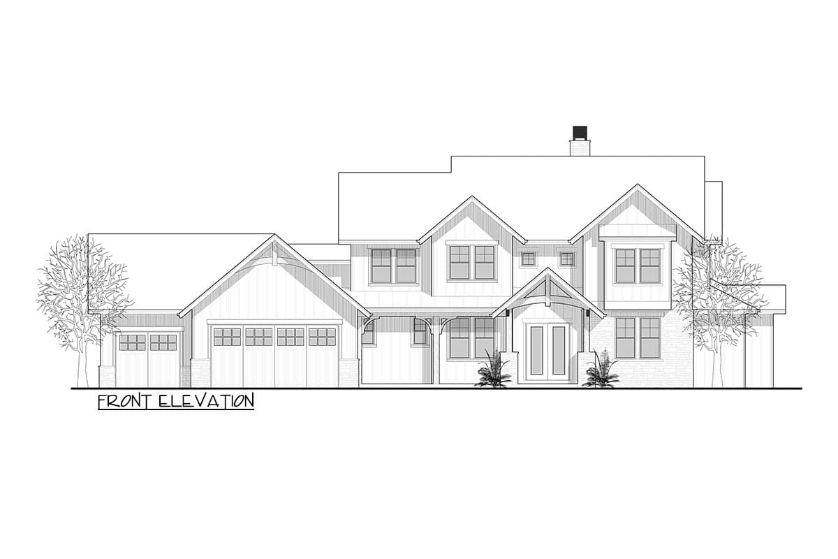 Front elevation house plan shows a two-story Modern Farmhouse with a side-facing garage, gables, and covered entry.