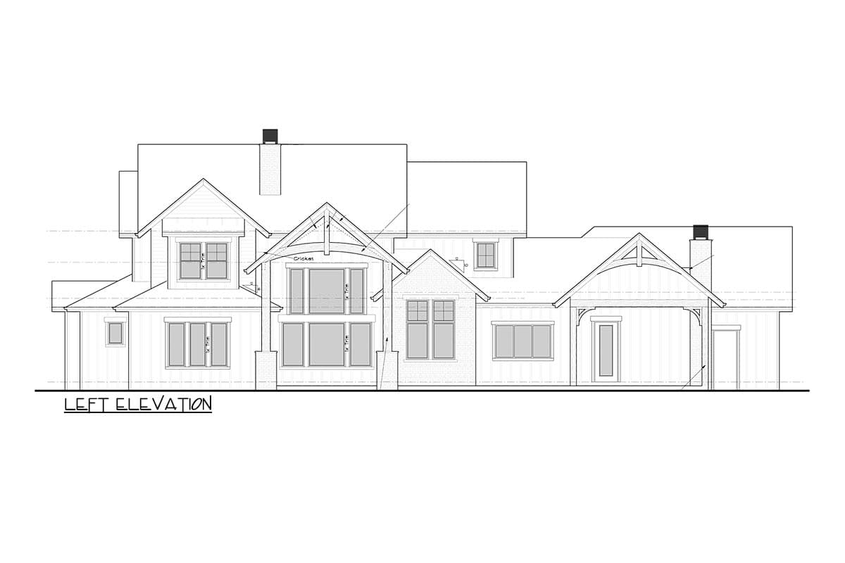 Left elevation house plan showing multiple gables, arched roofline over porch, and varied window arrangements.