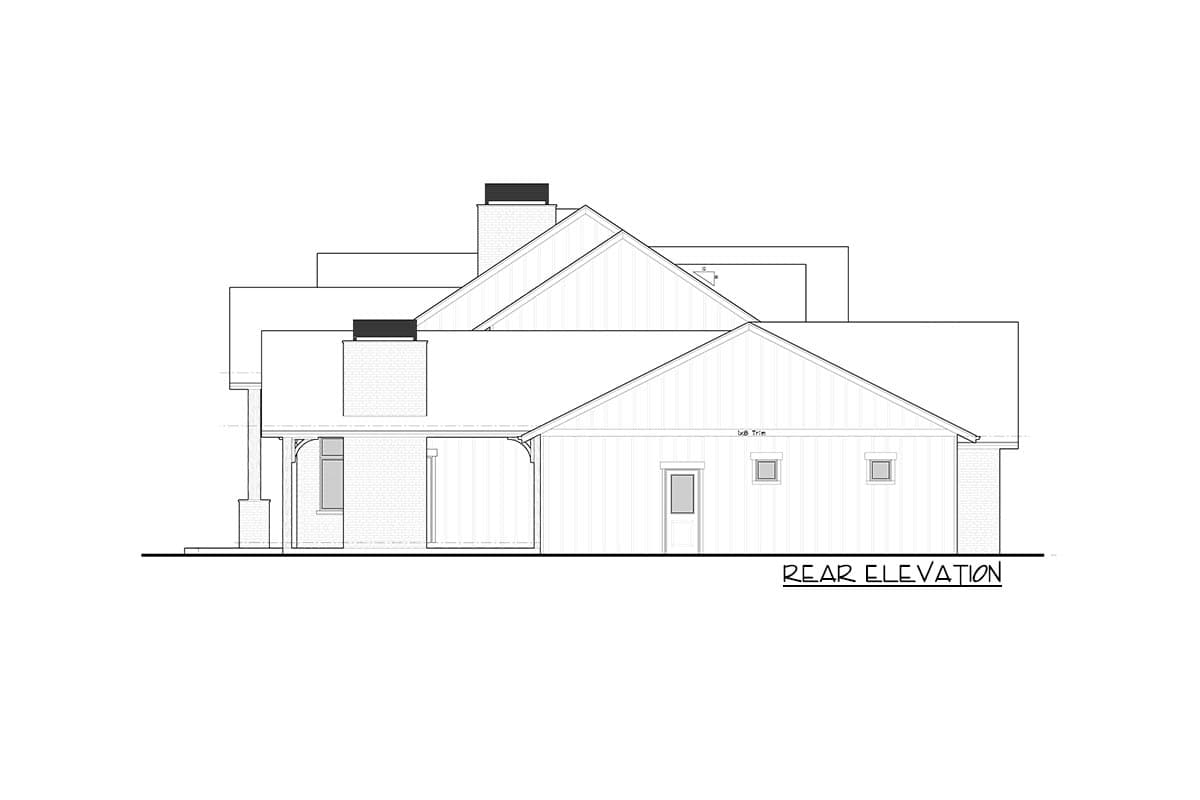 Rear elevation drawing of a house plan with two brick chimneys, gabled roof sections, and a covered porch.