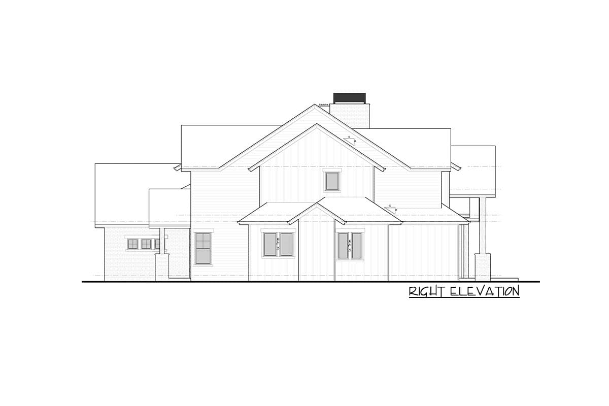 Architectural drawing: Right elevation of a two-story house with gabled roof, dormer, brick base, and two covered porches.