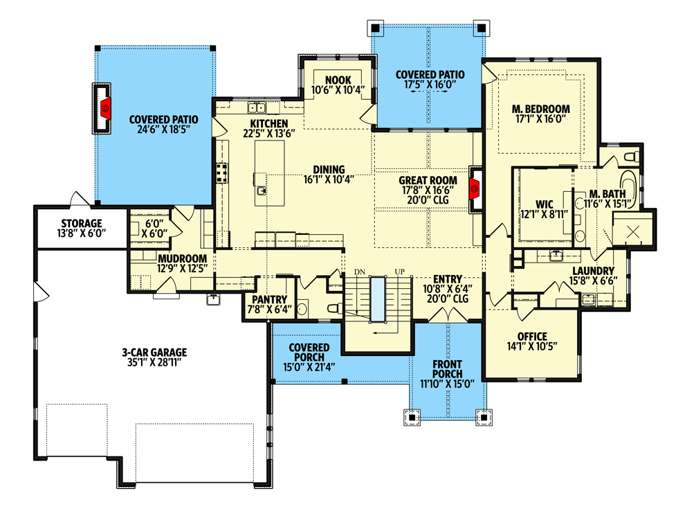 Plan 95156RW: Rustic Farmhouse Plan with Home Office and Main-floor Master Bedroom - Floor Plan - Main Level - Country, Craftsman, Farmhouse, Modern Farmhouse, Mountain, New American, Rustic