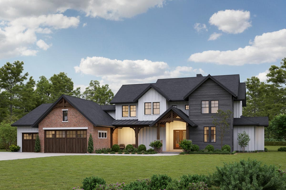 House plan exterior. Two-story Modern Farmhouse with gabled rooflines, a front porch, and a brick-and-wood garage.