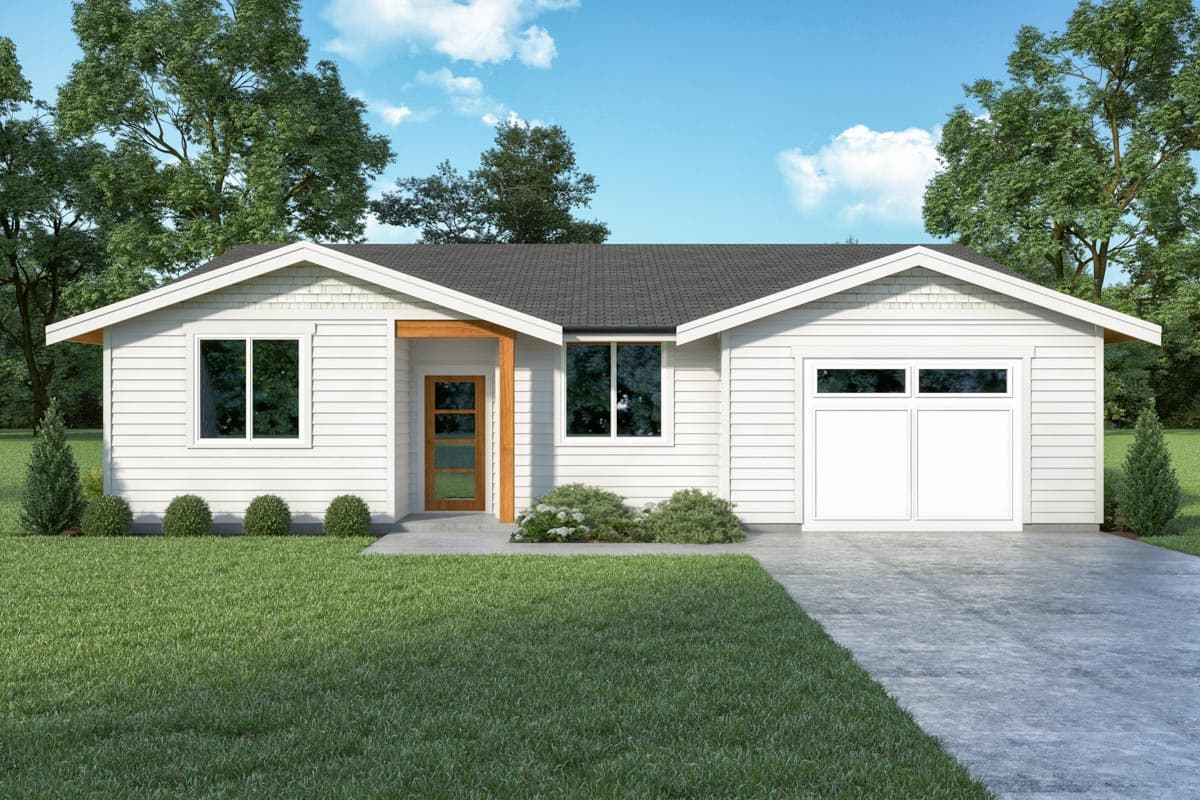 House plan exterior featuring a one-story, gable roof, and a front-entry porch. Attached garage is on the right side of the facade.