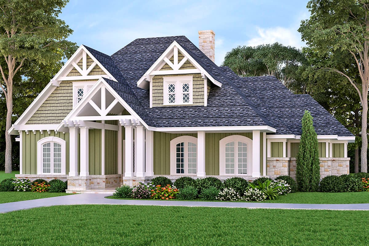 House plan exterior. Craftsman style, one story. Features include a front porch with columns, gabled roof, and dormers.