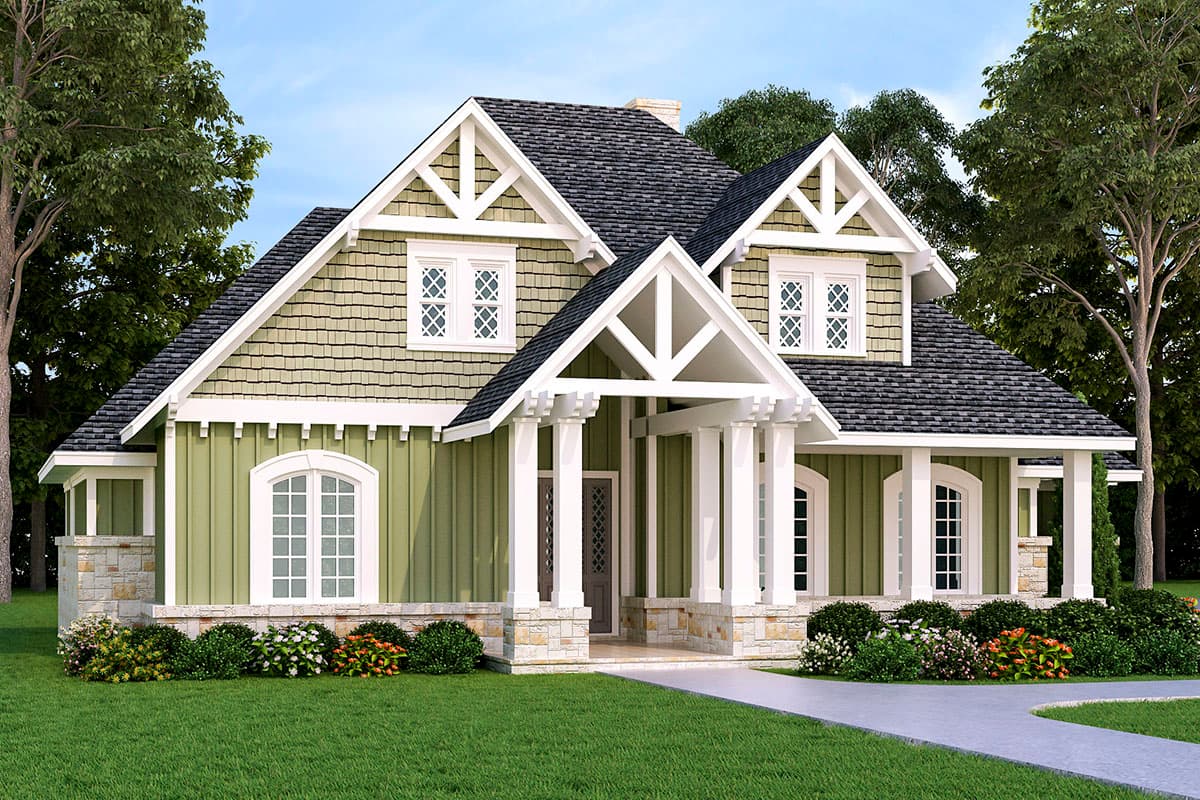 Craftsman house plan exterior with two stories, a covered front porch, multiple gables, and stone accents.