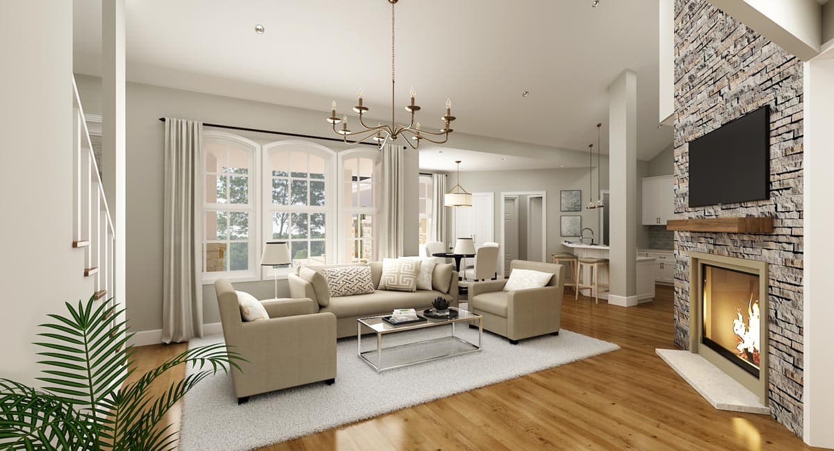 Interior rendering of a living room with a stone fireplace, sectional sofa, and arch-top windows. Open to dining and kitchen.