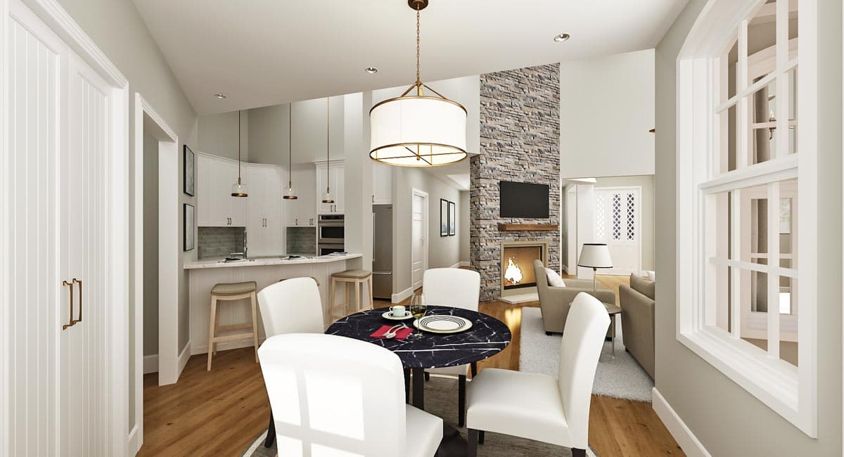 Great room interior rendering with vaulted ceiling, stone fireplace, kitchen island, and dining area.
