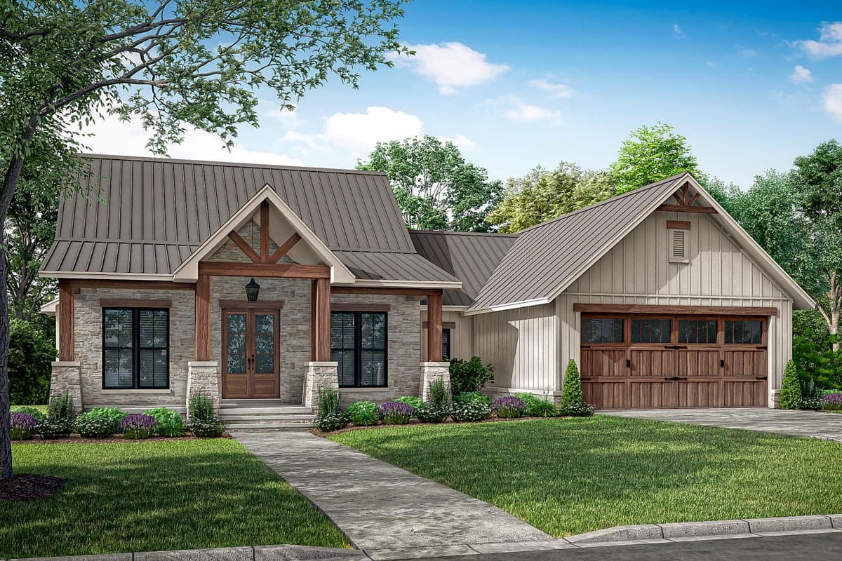 House plan exterior: Modern Farmhouse style with stone facade, exposed wood beams, metal roof, and attached garage.