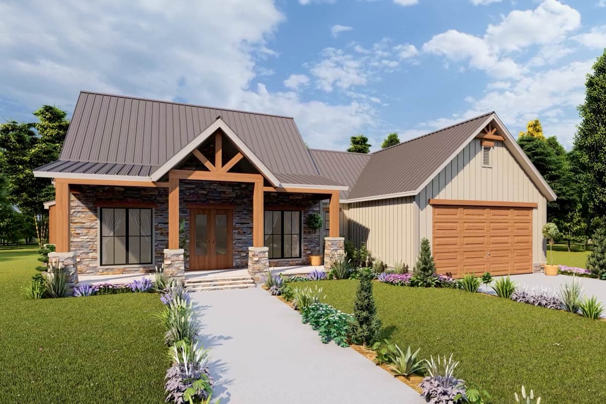 House plan exterior: Ranch-style home with stone facade, exposed wood beams, metal roof, and attached garage.