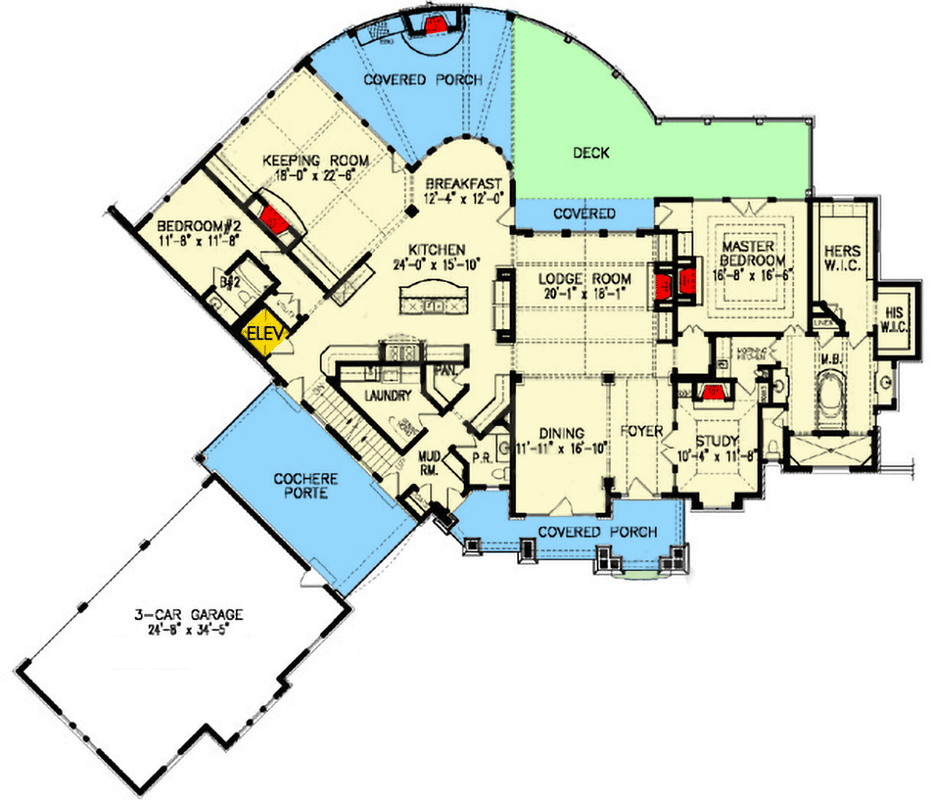 Plan 25759GE: Fairytale French Country Home Plan with Porte Cochere - Floor Plan - Main Level - Country, Craftsman, European, French Country, Mountain