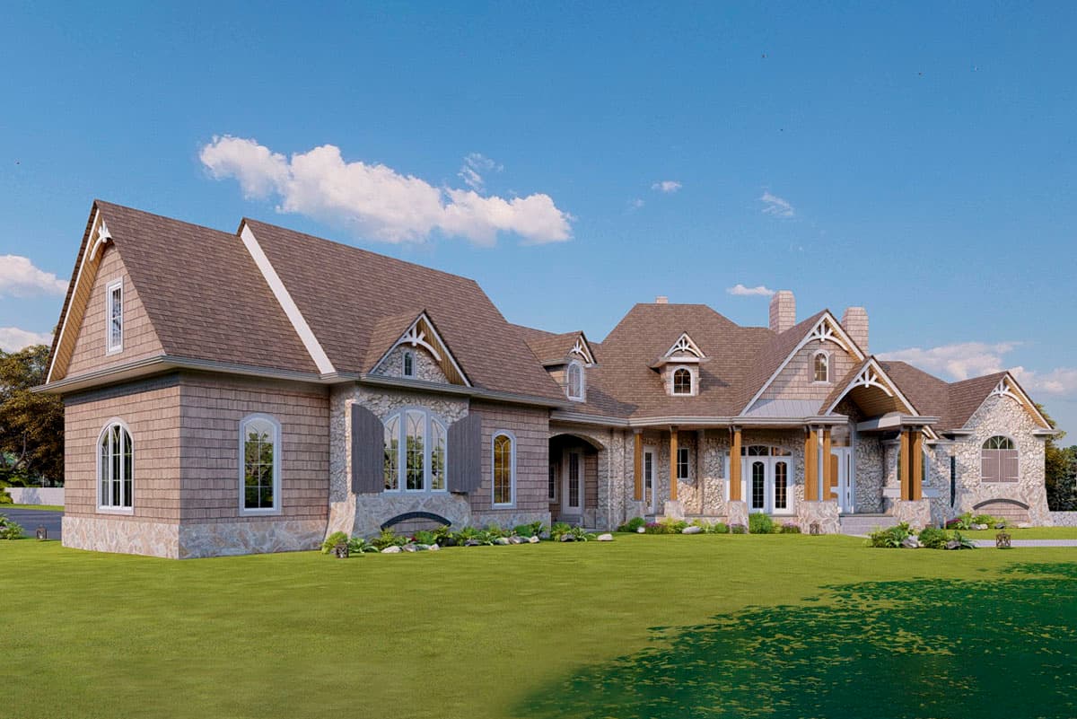 House plan exterior with stone and shingle siding, multiple gables, dormers, and a covered entrance supported by stone pillars.