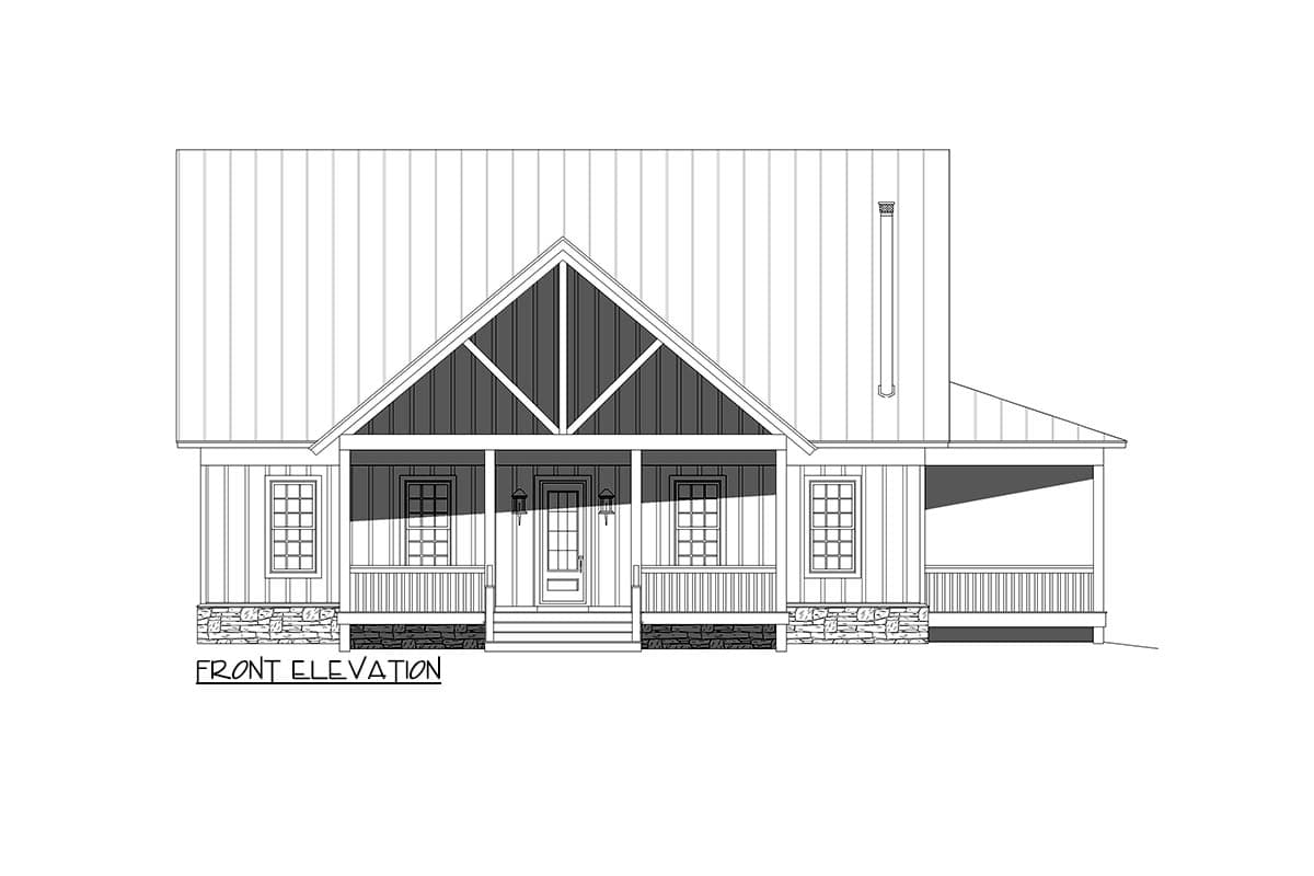Front elevation drawing of a one-story house with a gabled front, covered porch, stone accents, and metal roof.