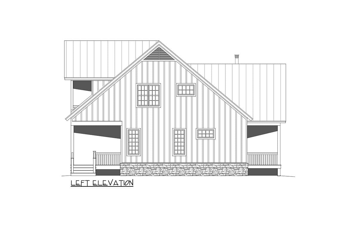 Left elevation of a two-story house plan with a metal roof, gabled dormers, stone foundation, and covered porch.