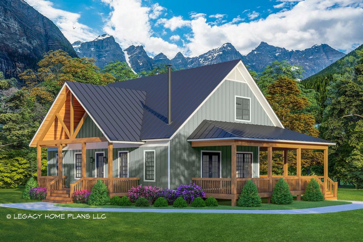 House plan exterior. One-story house with Craftsman style elements. Features include a front porch, gables, and a dark metal roof.