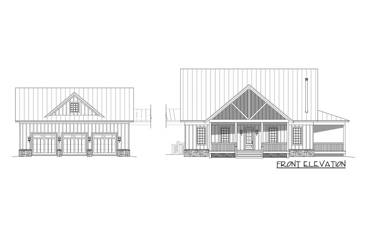 Front elevation drawing of house plan featuring a covered front porch, gabled roof, and stone accents, adjacent to a three-car garage elevation.