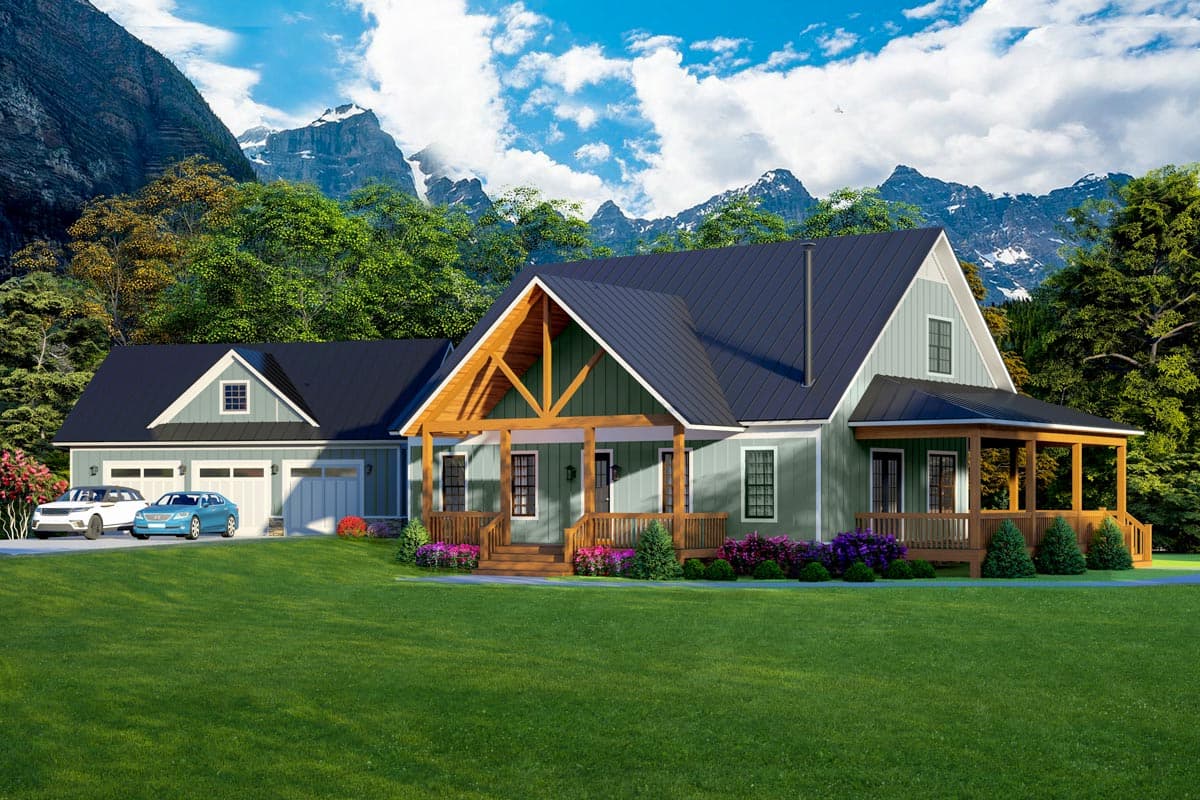 Modern Farmhouse house plan exterior with attached three-car garage, gabled rooflines, and wraparound porch.