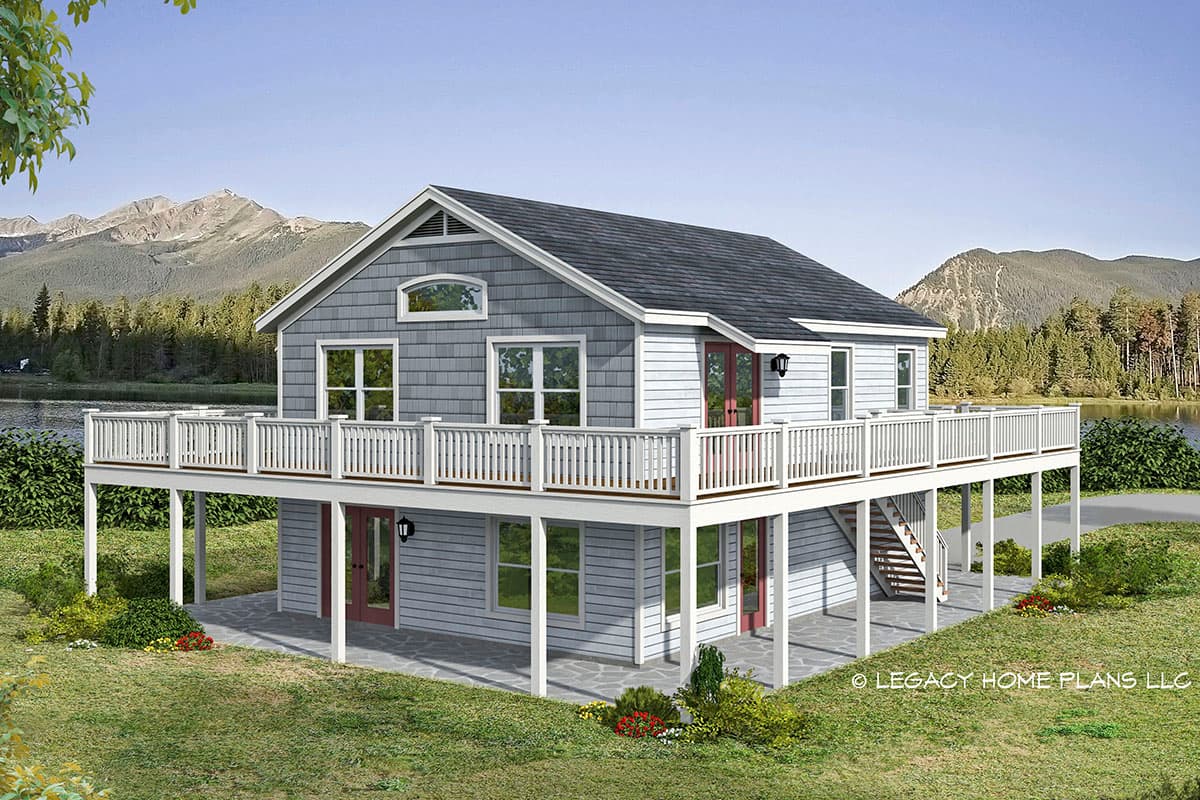 House plan exterior with two stories. Features include a wrap-around deck, gabled roof, and dormer window. Stairs lead to the deck.
