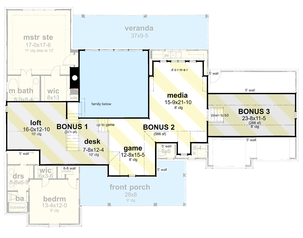 Plan 16924WG: 3-Bed Modern Farmhouse with Rustic Touches and 3 Bonus Areas - Floor Plan - Bonus Level - Craftsman, Farmhouse, Hill Country, Modern Farmhouse, New American, Ranch, Traditional
