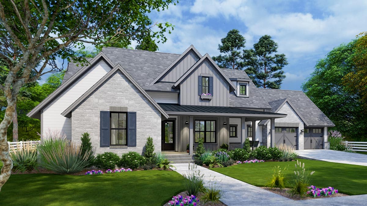 House plan exterior featuring a Modern Farmhouse style with stone and siding, a covered porch, prominent gables, and a side-entry two-car garage.