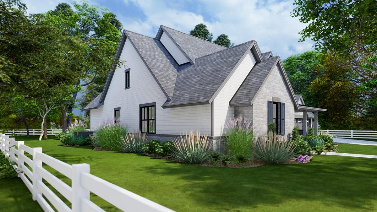 Modern Farmhouse style house plan exterior with stone accents, white siding, multiple gables, and a covered porch.