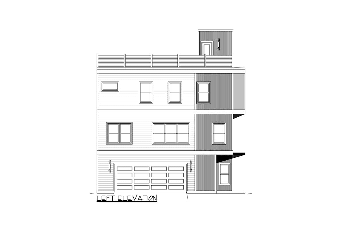 Left elevation house plan showing a three-story home with a two-car garage, horizontal siding, and a rooftop deck.