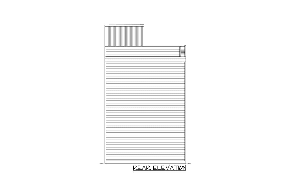 Rear elevation drawing of a house plan showing horizontal siding and a second-story structure with vertical siding.