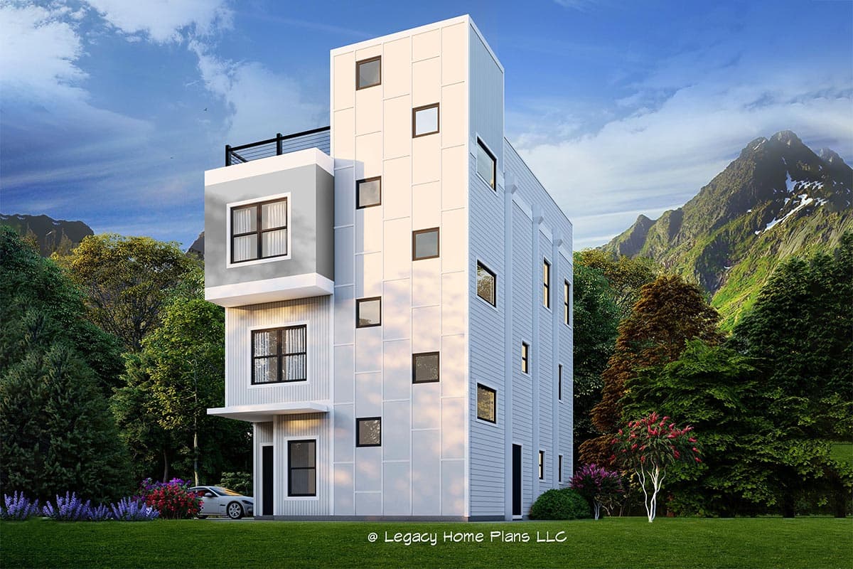 House plan exterior. Modern style, three stories, with square windows, flat roof, and an open balcony on the upper level.