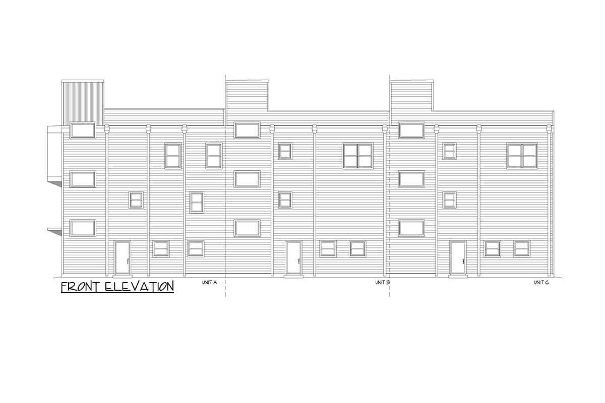 Front elevation drawing of a three-unit building with varied window sizes and a corrugated metal roof detail.