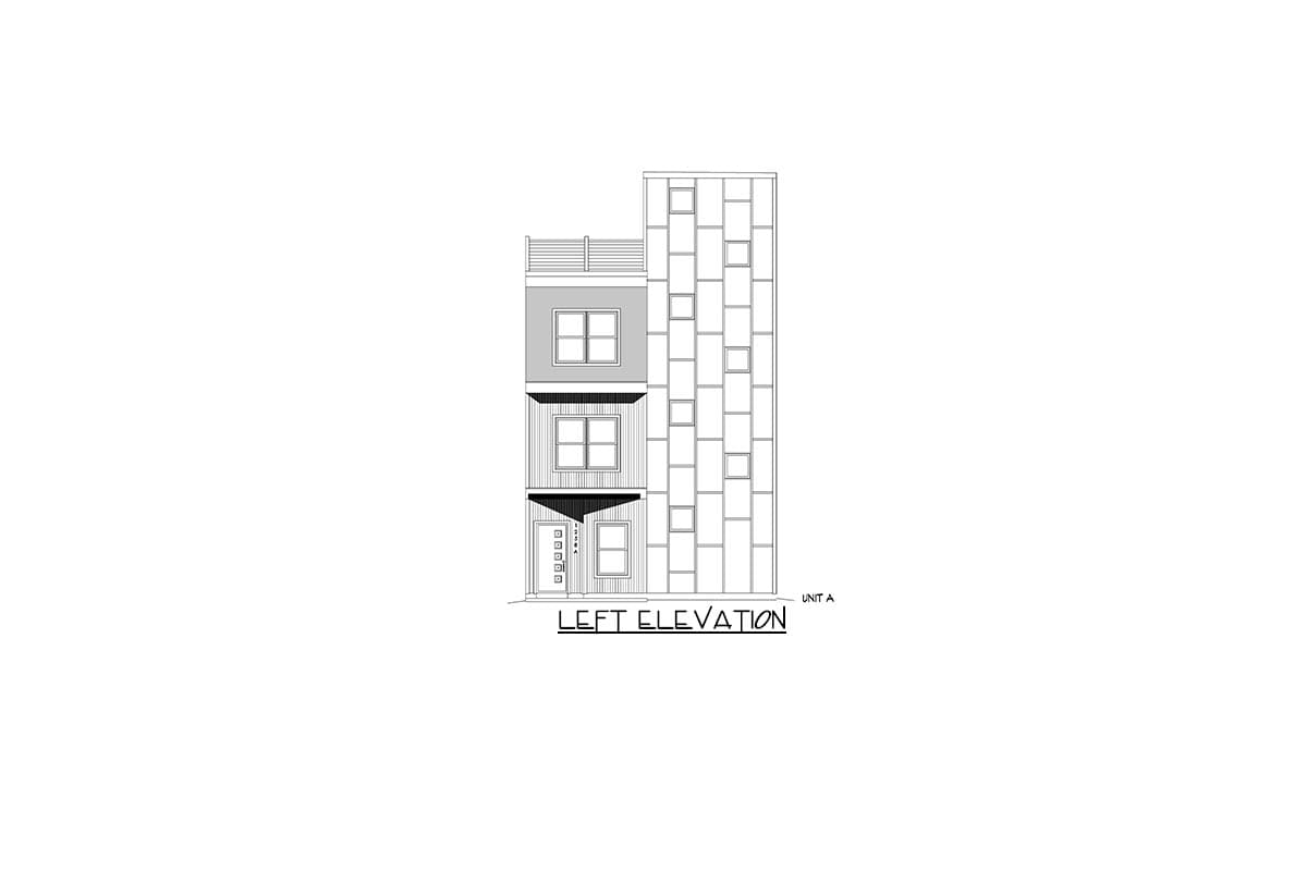 Left elevation of a three-story house plan with varied window sizes and a patterned facade.