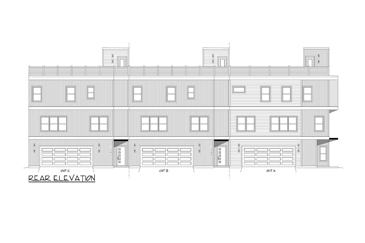 Rear elevation drawing of three-story townhouses with attached garages, horizontal siding, and rooftop decks.