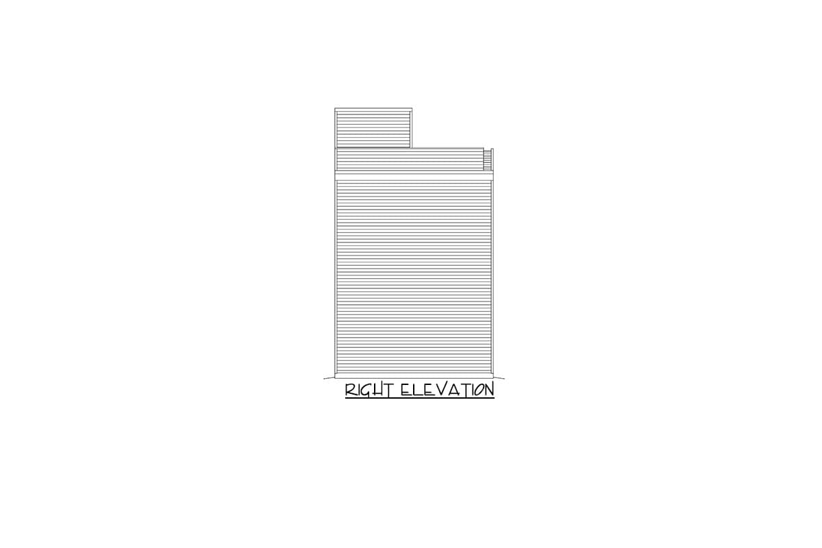Right elevation drawing of a house plan showing horizontal siding and a two-story section.