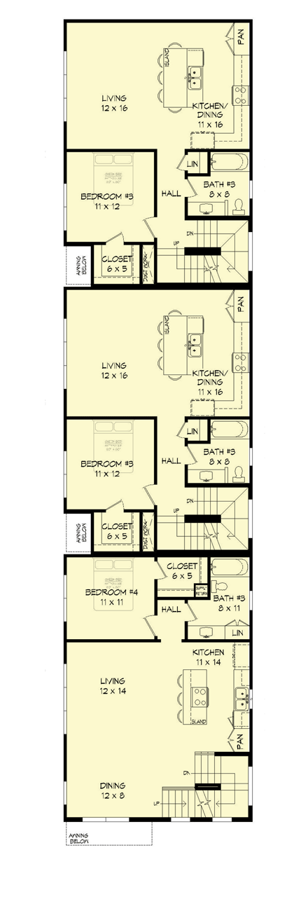 Plan 68949VR: Contemporary Triplex House Plan with Rooftop Deck - Floor Plan - 2nd Floor - Contemporary