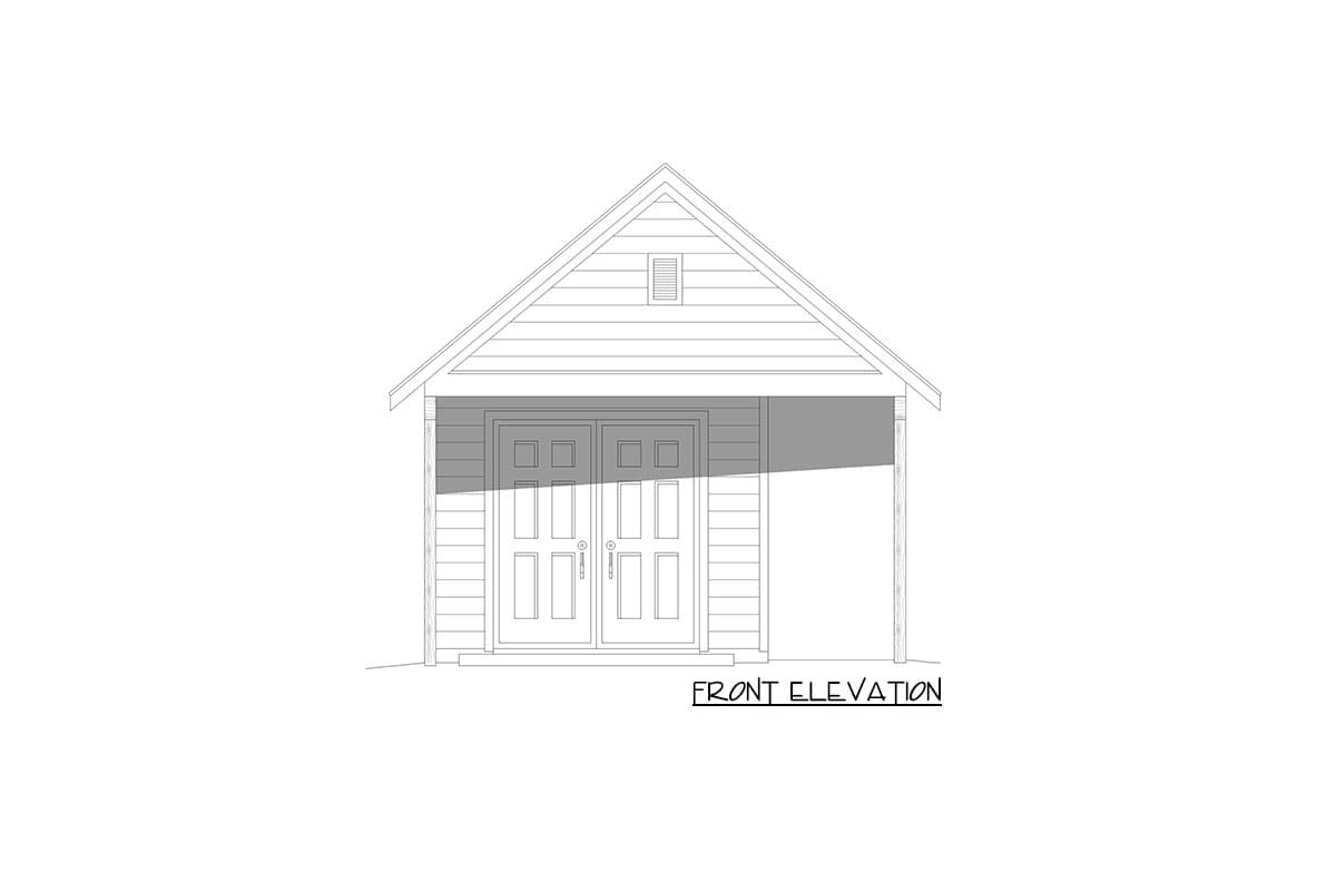 Front elevation drawing of a house plan featuring double doors, a gabled roof with a vent, and horizontal siding.