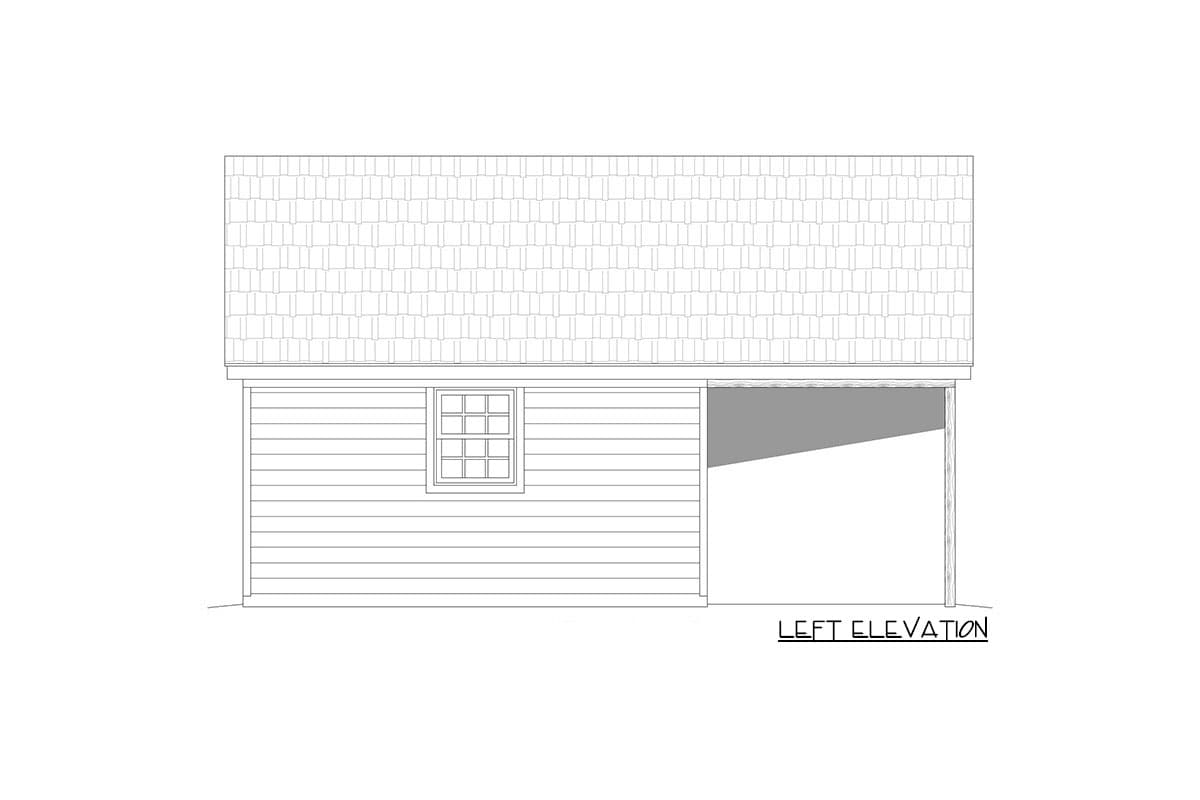 Left elevation drawing of a house plan showing horizontal siding, a grid window, and an open porch area.