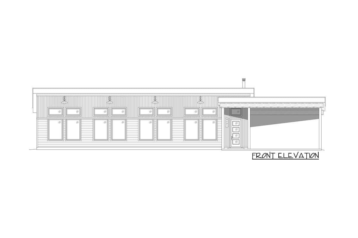 Front elevation drawing of a single-story house plan with a long row of windows, attached carport, and horizontal siding.