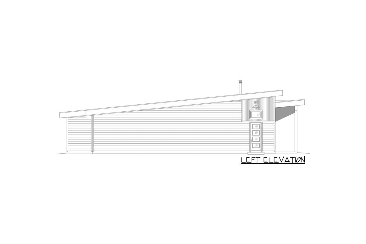 Left elevation drawing of a single-story house with a shed roof, horizontal siding, a single window, and a four-paneled door.