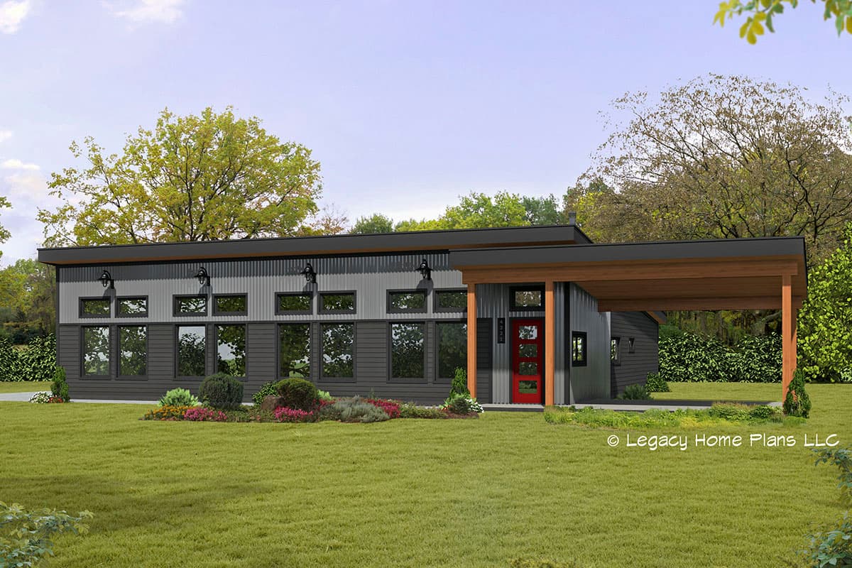 House plan exterior with modern style, single story, flat roof, and covered entry. Features large windows and metal siding.