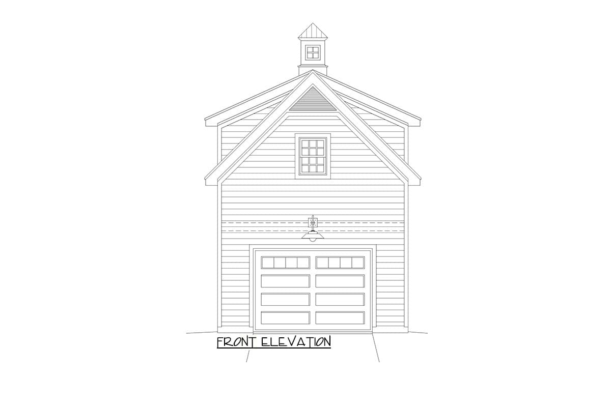 Front elevation drawing of a two-story garage with a cupola, a dormer window, and a multi-pane garage door.