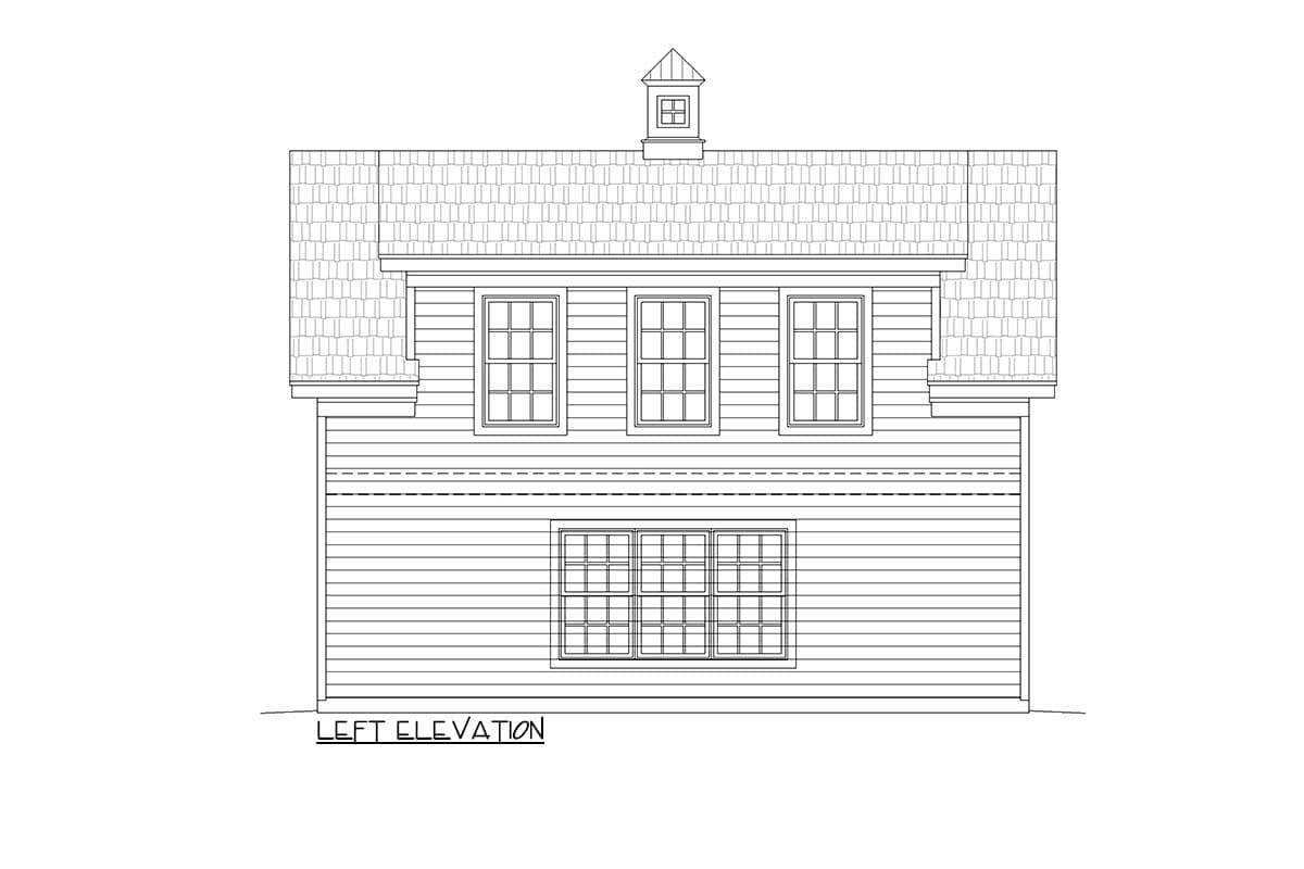 Left elevation drawing shows a house plan with a gambrel roof, three upper windows, one lower window, and a cupola.