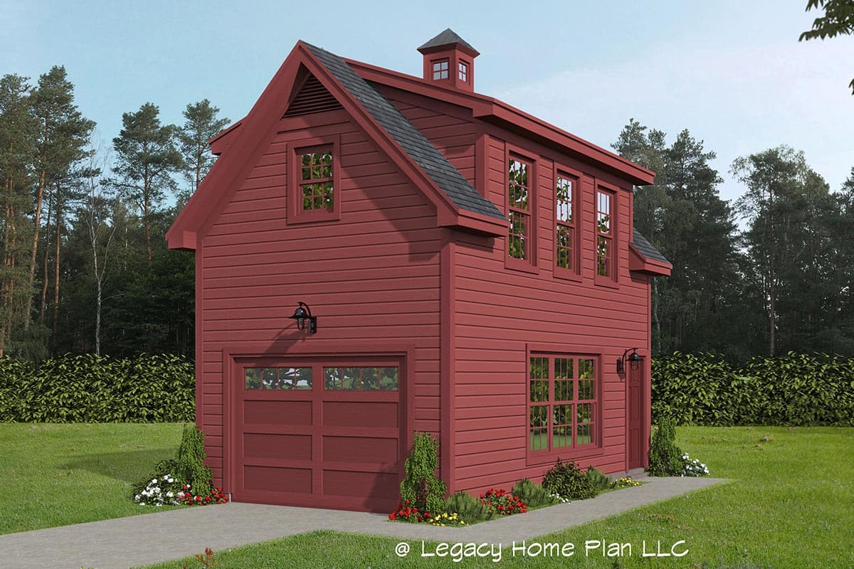 House plan exterior. Two-story structure with gable roof, cupola, and multi-pane windows. Features include a garage door and vertical siding.