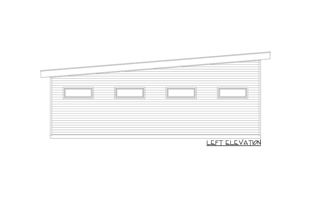 Left elevation drawing of a single-story house plan with horizontal siding and four linear windows under a sloped roof.