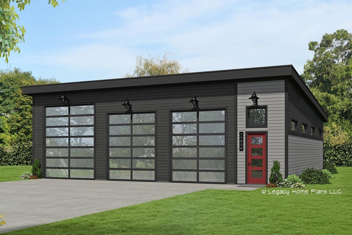 House plan exterior with modern design. Features include a flat roof, three glass garage doors, and a red front door.