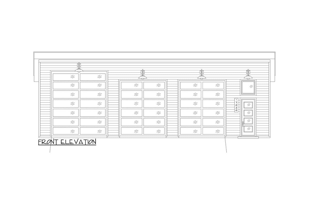 Front elevation drawing of a three-car garage with glass-paneled doors and a single pedestrian door.
