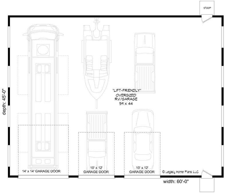 Plan 68954VR: Contemporary 2700 Square Foot RV Garage with 3 Bays and Extra Storage - Floor Plan - Main Level - Contemporary, Mid Century Modern, Modern