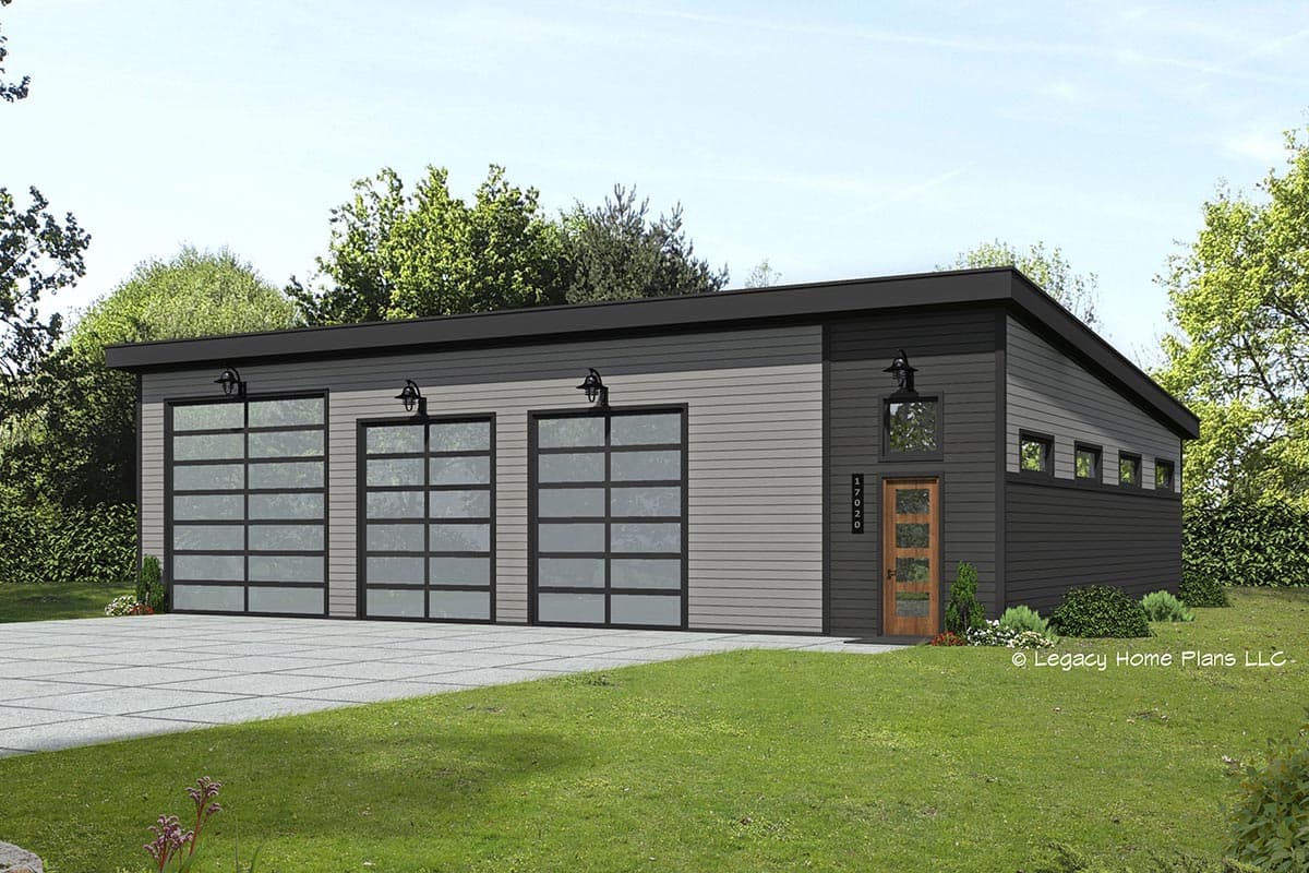 House plan exterior with modern style, featuring a flat roof, horizontal siding, and three glass garage doors.