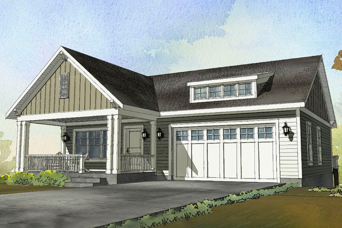 House plan exterior: Single-story Modern Farmhouse with front porch, gabled dormer, and attached two-car garage.